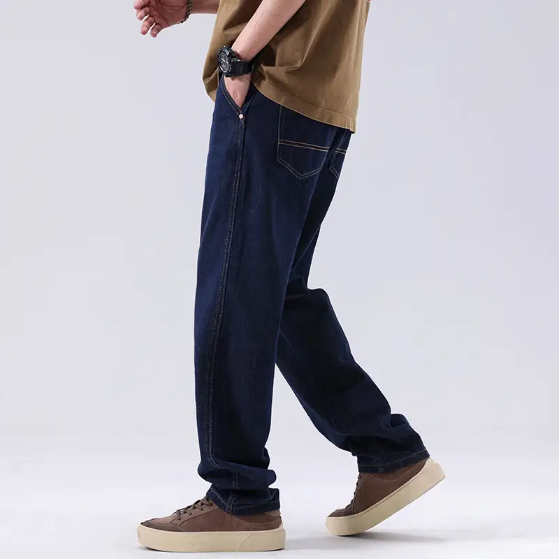 Men's Dark Blue Retro Straight Jeans Wide Leg Pants