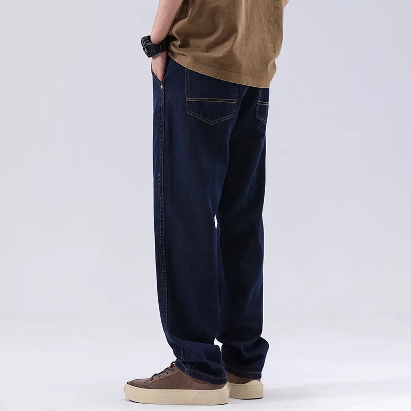 Men's Dark Blue Retro Straight Jeans Wide Leg Pants