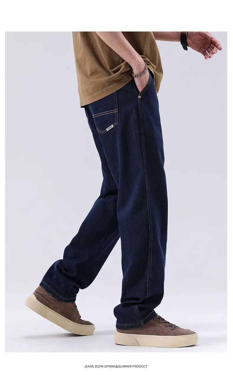 Men's Dark Blue Retro Straight Jeans Wide Leg Pants — feature 5