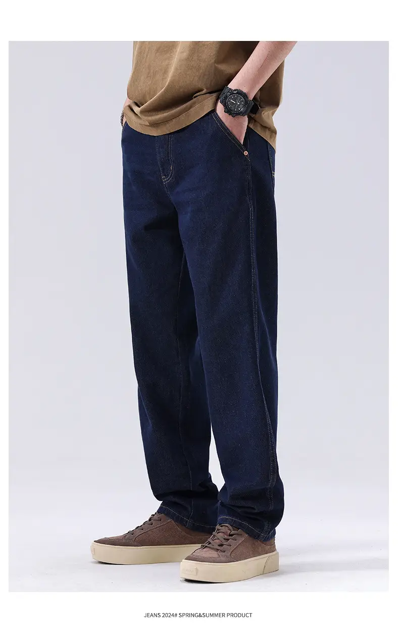 Men's Dark Blue Retro Straight Jeans Wide Leg Pants — feature 6