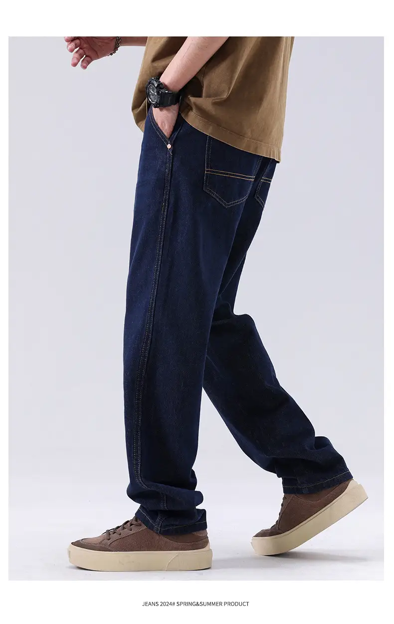 Men's Dark Blue Retro Straight Jeans Wide Leg Pants — feature 7