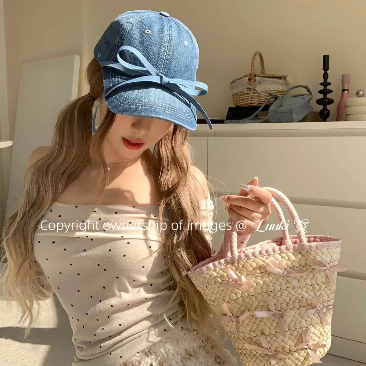 Denim Baseball Cap with Bow & Heart Design Large Head - Image 6