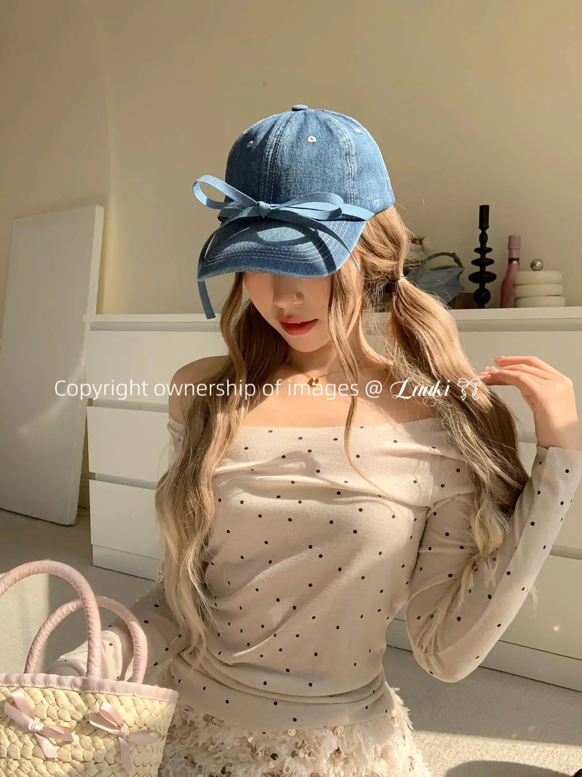 Denim Baseball Cap with Bow & Heart Design Large Head — feature 10