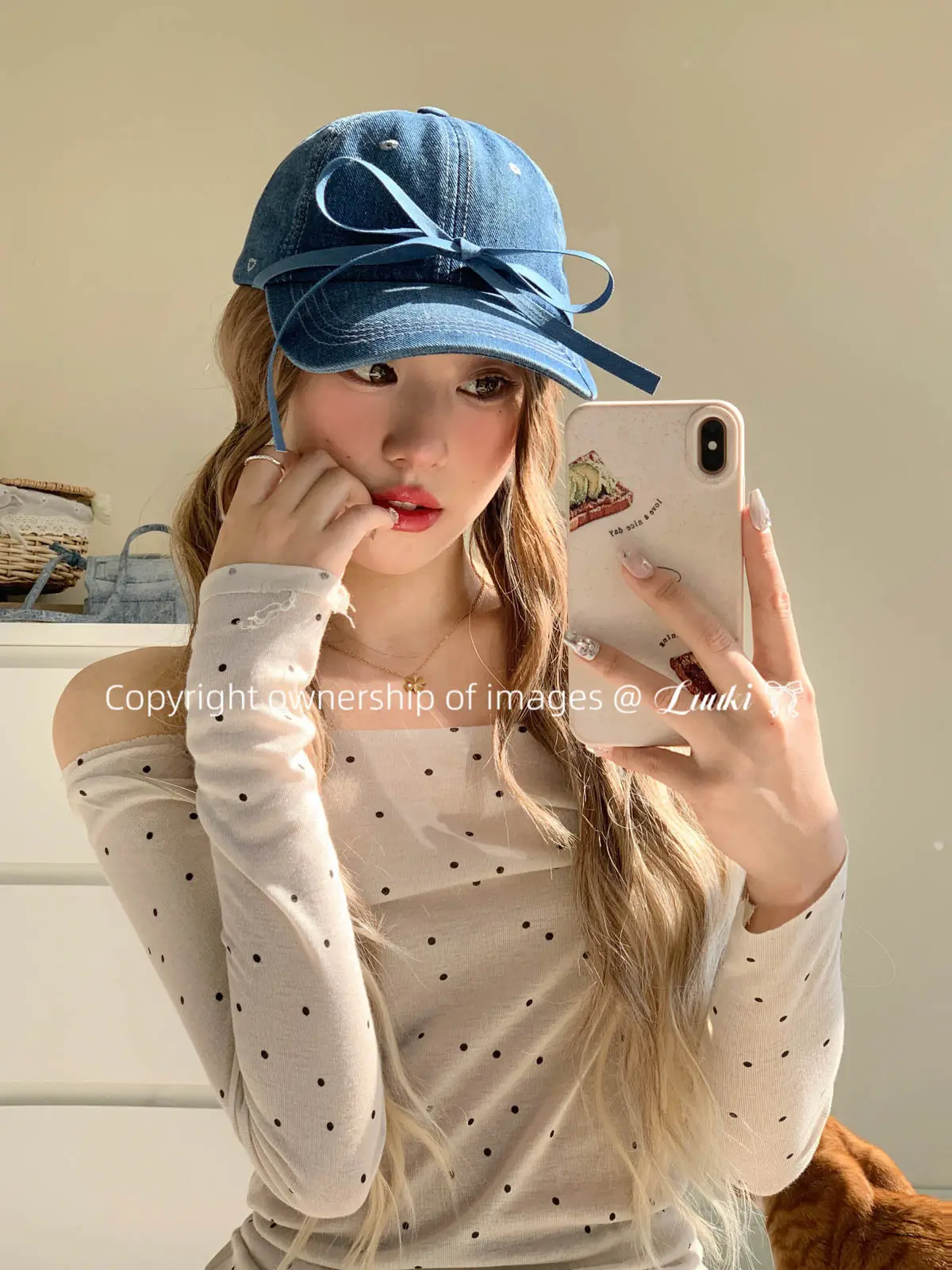 Denim Baseball Cap with Bow & Heart Design Large Head — feature 4