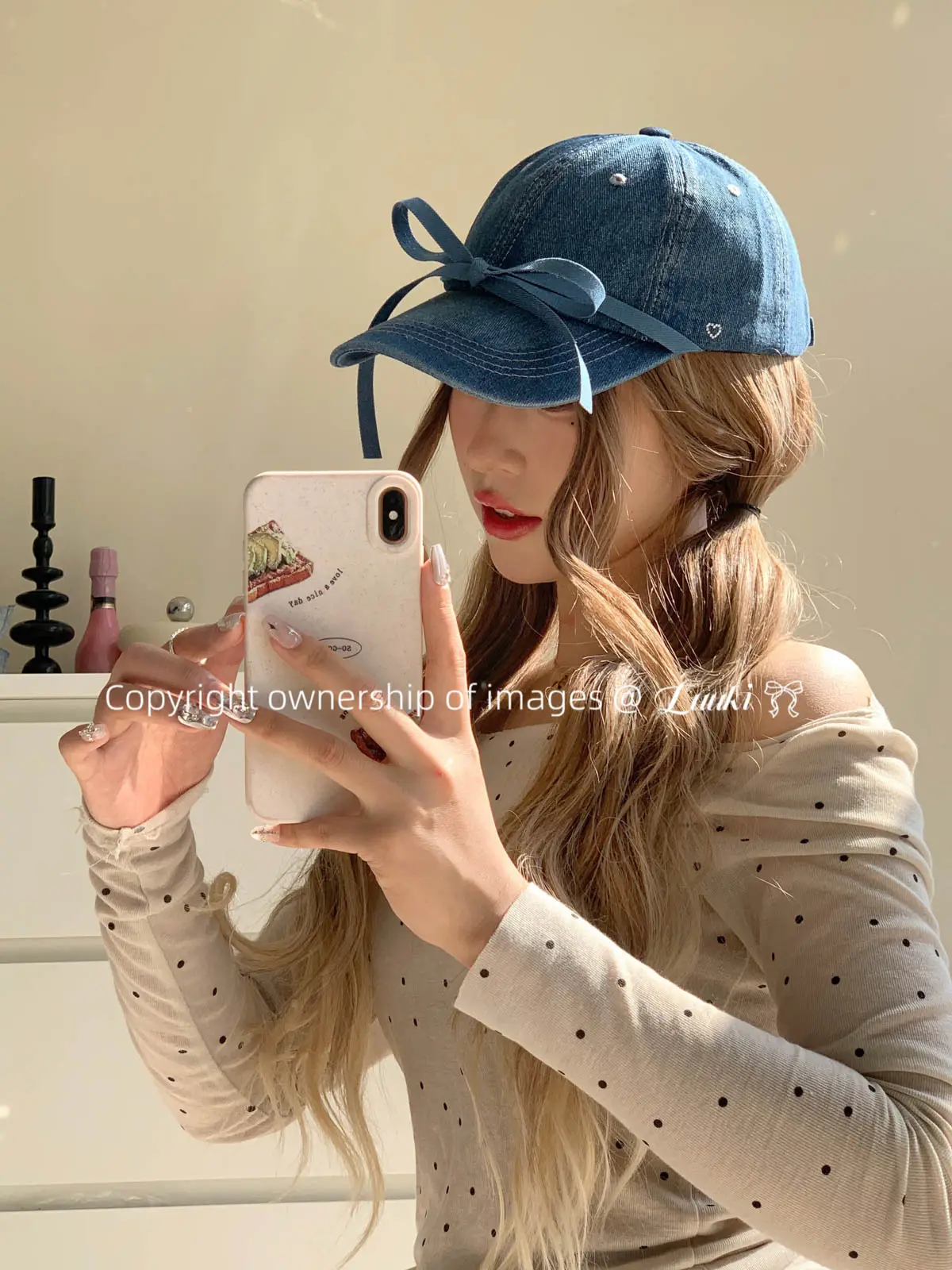 Denim Baseball Cap with Bow & Heart Design Large Head — feature 6