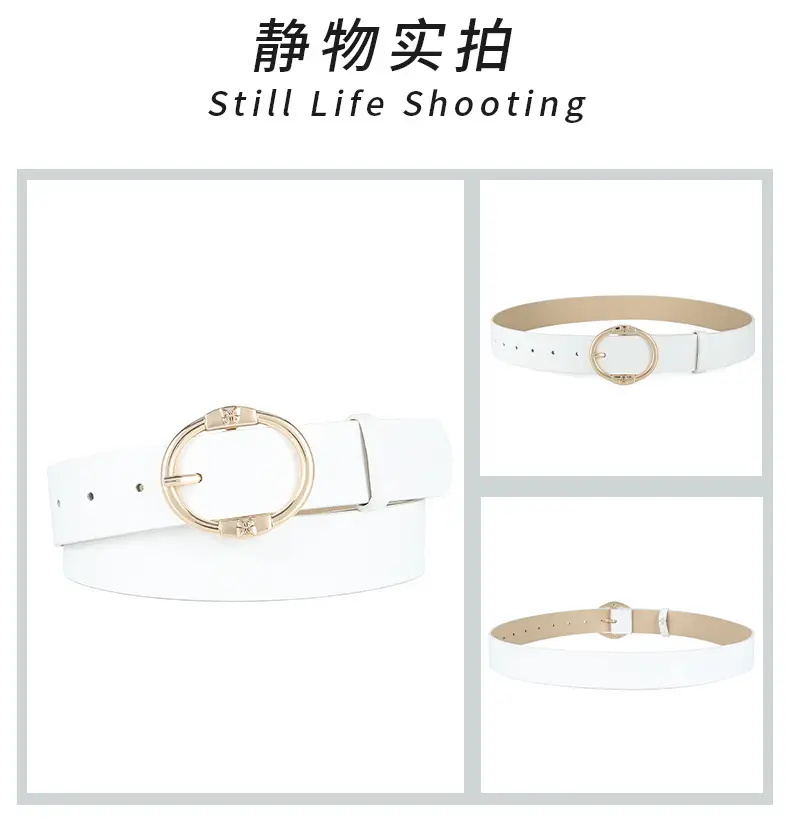 Women's Beige Leather Belt with Silver Metal Buckle — feature 39