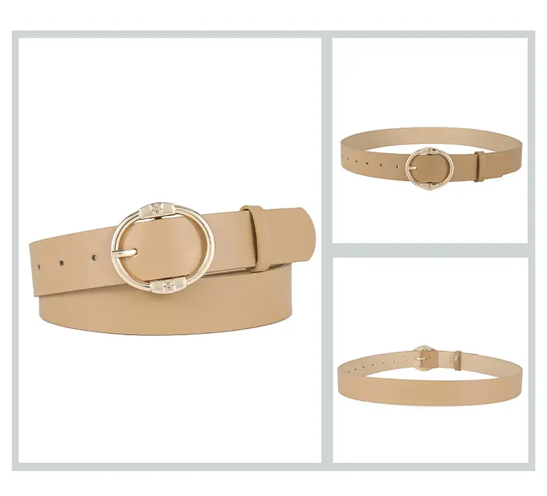 Women's Beige Leather Belt with Silver Metal Buckle — feature 40