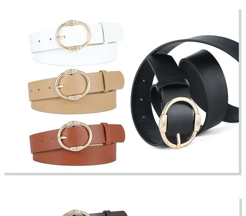 Women's Beige Leather Belt with Silver Metal Buckle — feature 45