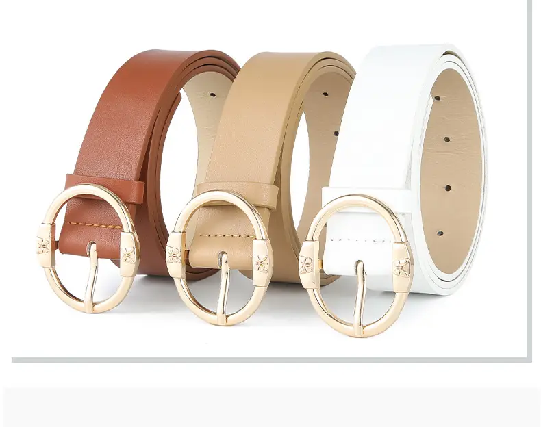 Women's Beige Leather Belt with Silver Metal Buckle — feature 48