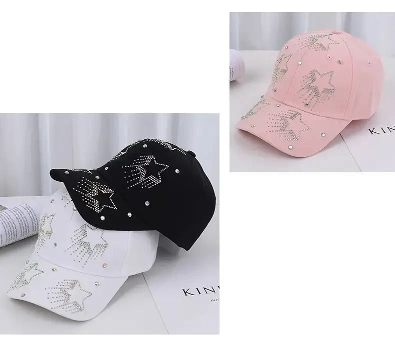 White Five-Pin Star Baseball Cap with Rhinestones — feature 19