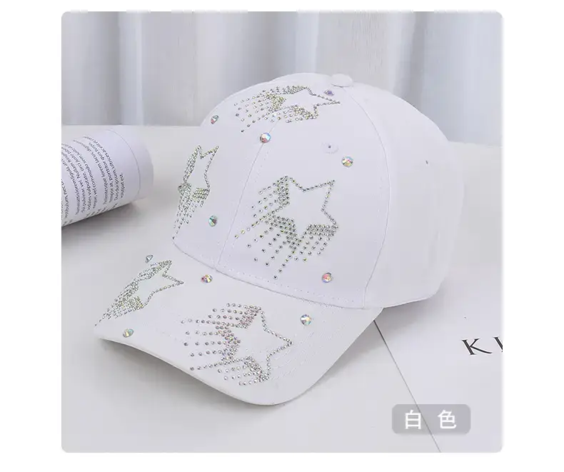 White Five-Pin Star Baseball Cap with Rhinestones — feature 25