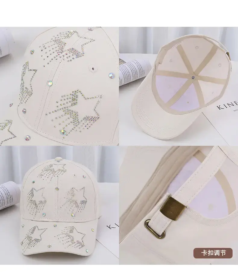 White Five-Pin Star Baseball Cap with Rhinestones — feature 26