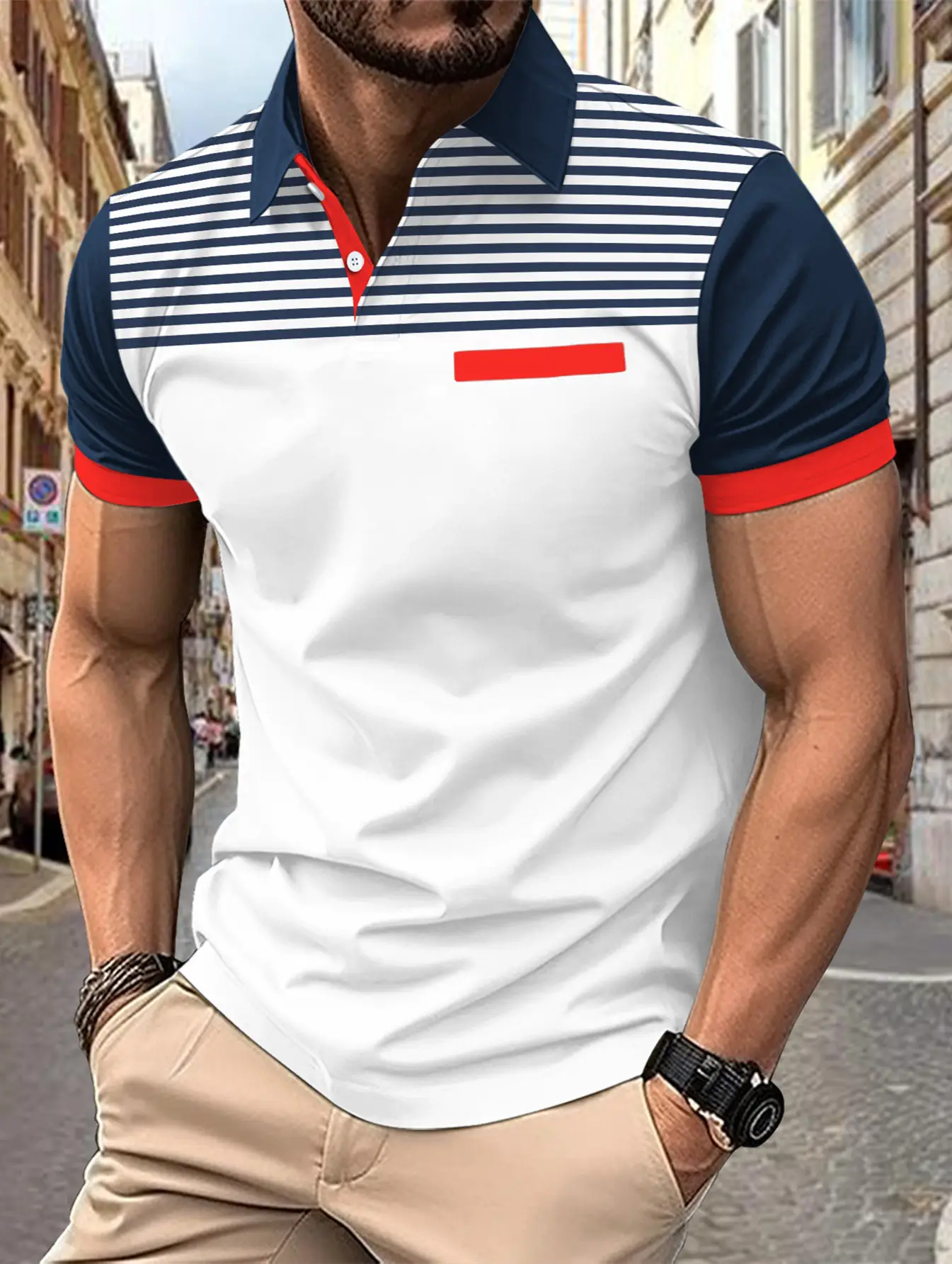 Men's Navy Striped Polo Shirt with Red Pocket