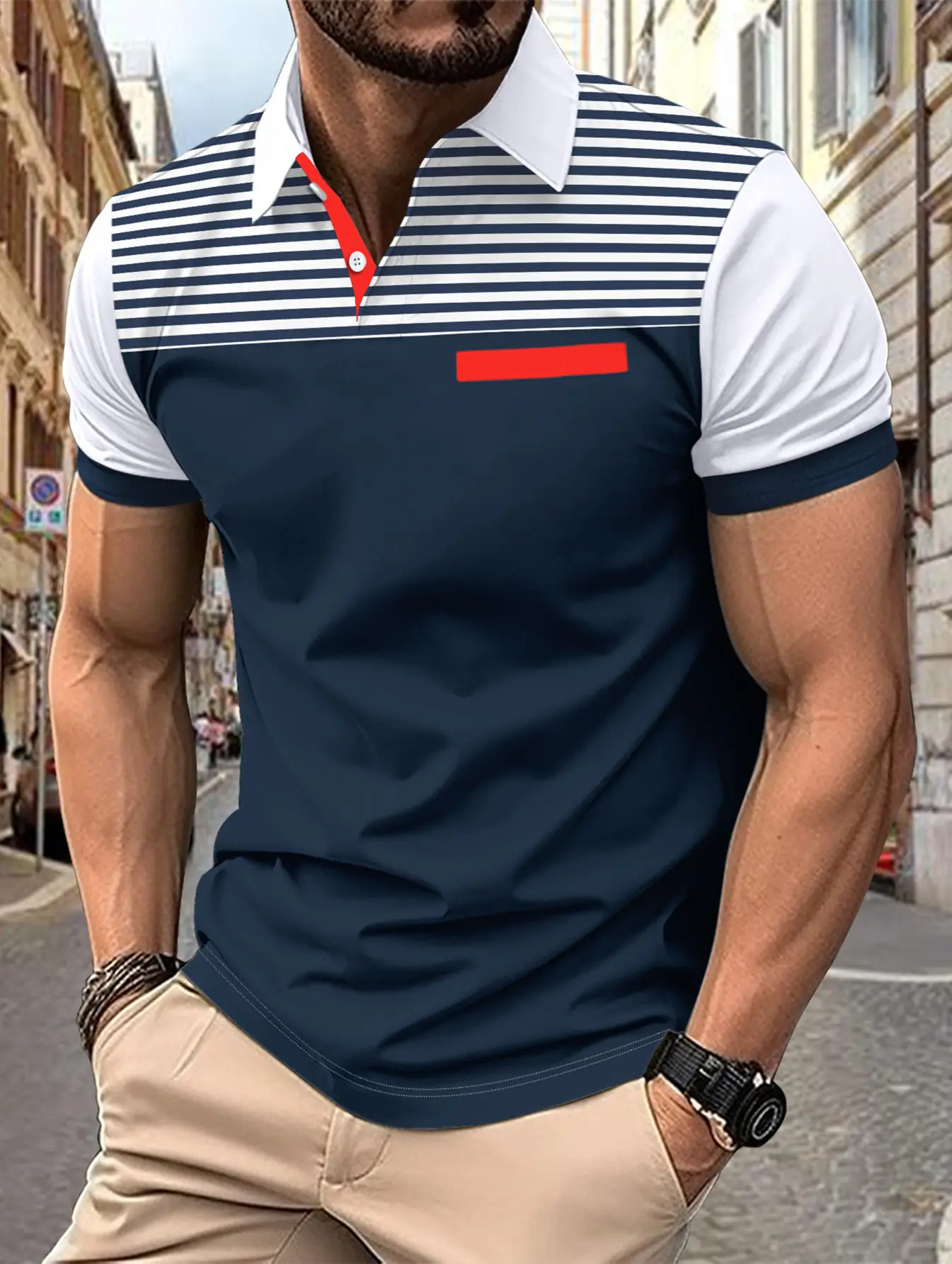 Men's Navy Striped Polo Shirt with Red Pocket — feature 5