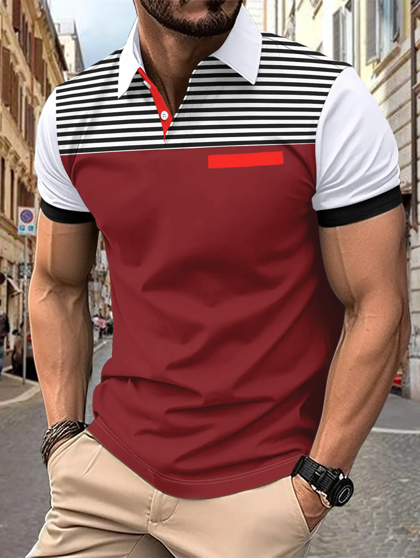 Men's Navy Striped Polo Shirt with Red Pocket — feature 6