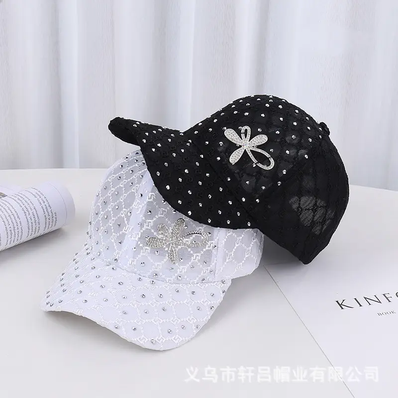 Women's Pink, White & Black Mesh Baseball Caps with Rhinestone Flower - Image 5