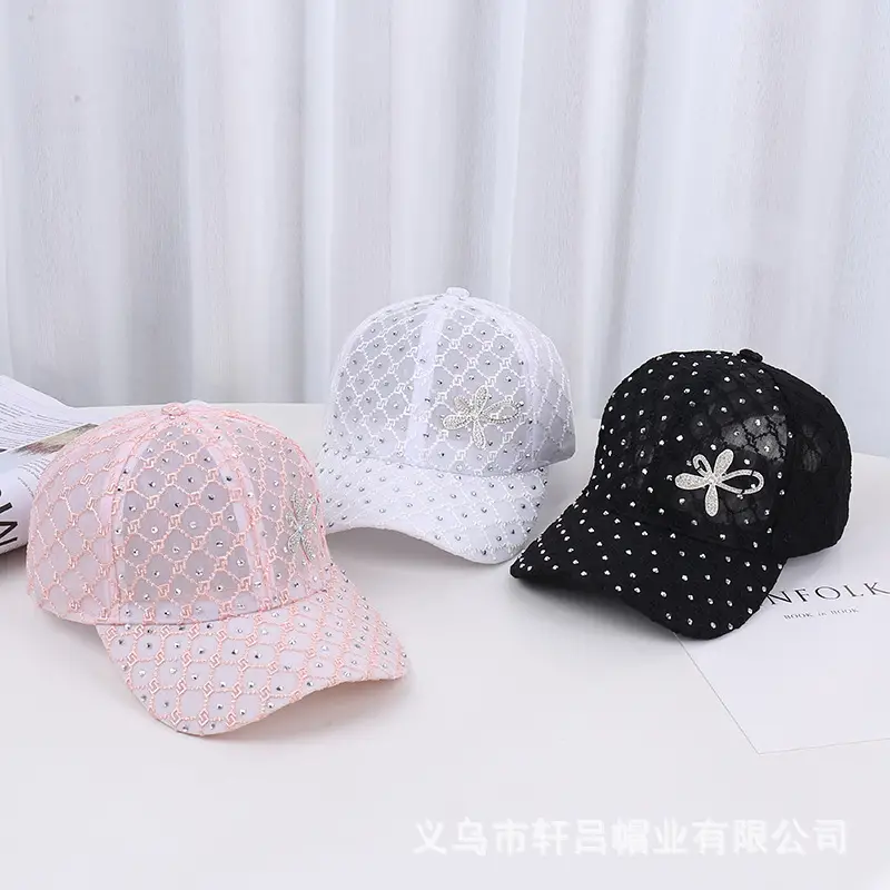 Women's Pink, White & Black Mesh Baseball Caps with Rhinestone Flower - Image 6