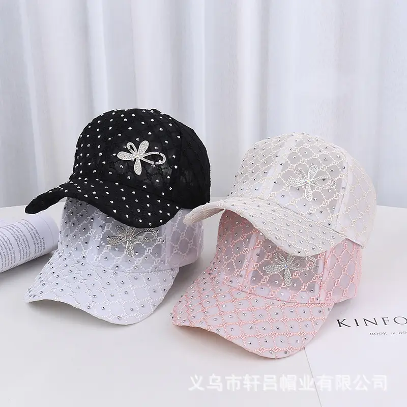 Women's Pink, White & Black Mesh Baseball Caps with Rhinestone Flower - Image 7