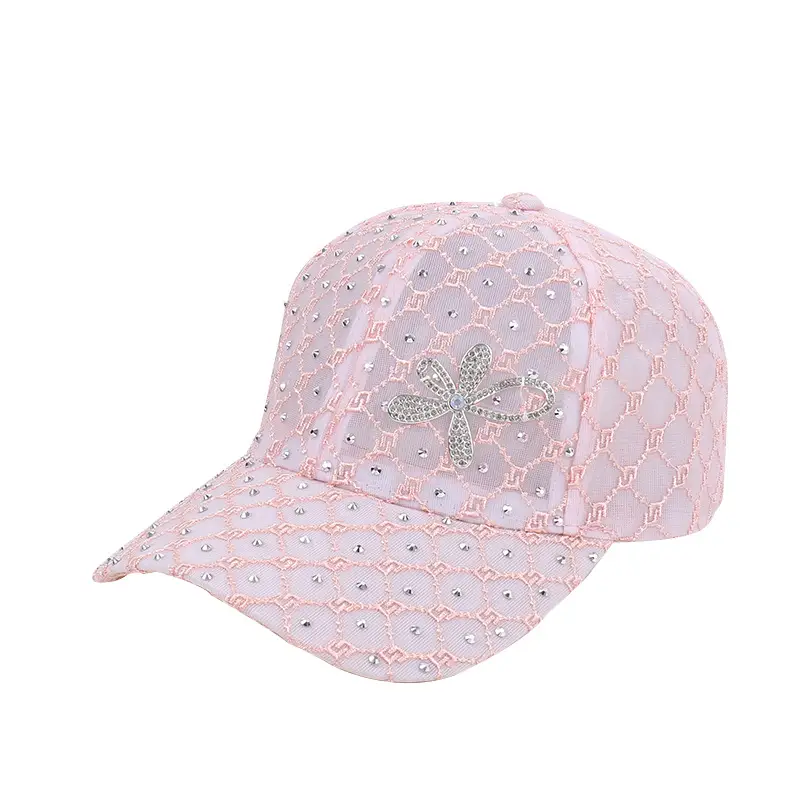Women's Pink, White & Black Mesh Baseball Caps with Rhinestone Flower - Image 9