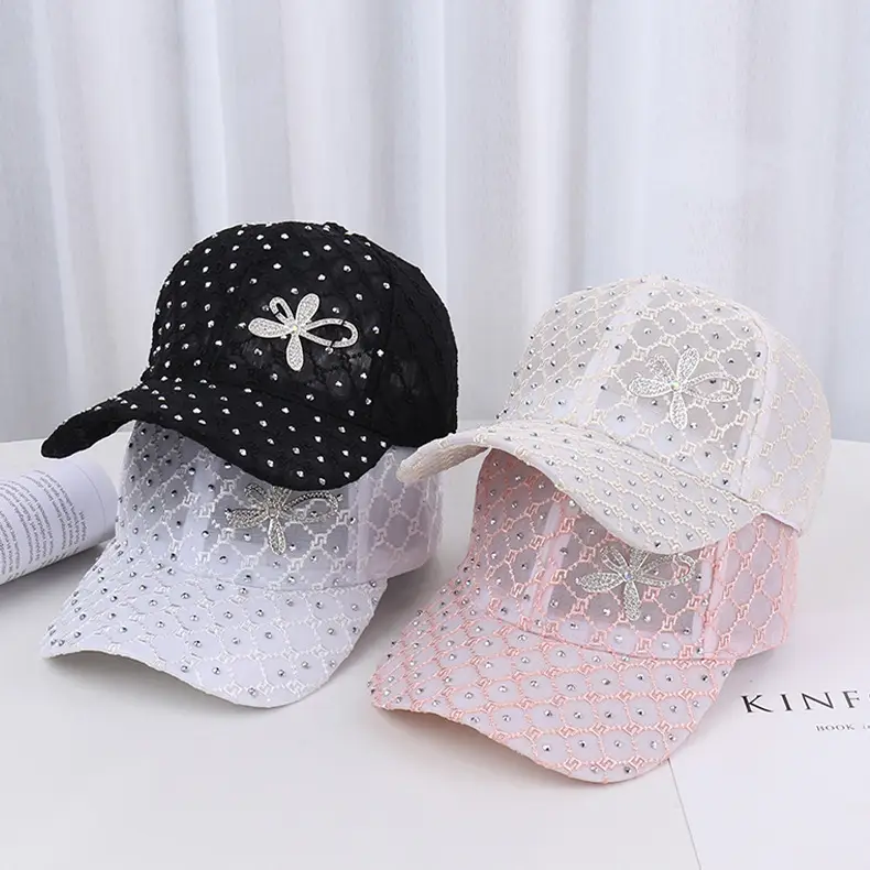 Women's Pink, White & Black Mesh Baseball Caps with Rhinestone Flower — feature 17