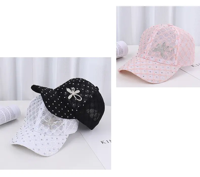 Women's Pink, White & Black Mesh Baseball Caps with Rhinestone Flower — feature 19