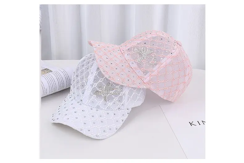 Women's Pink, White & Black Mesh Baseball Caps with Rhinestone Flower — feature 20