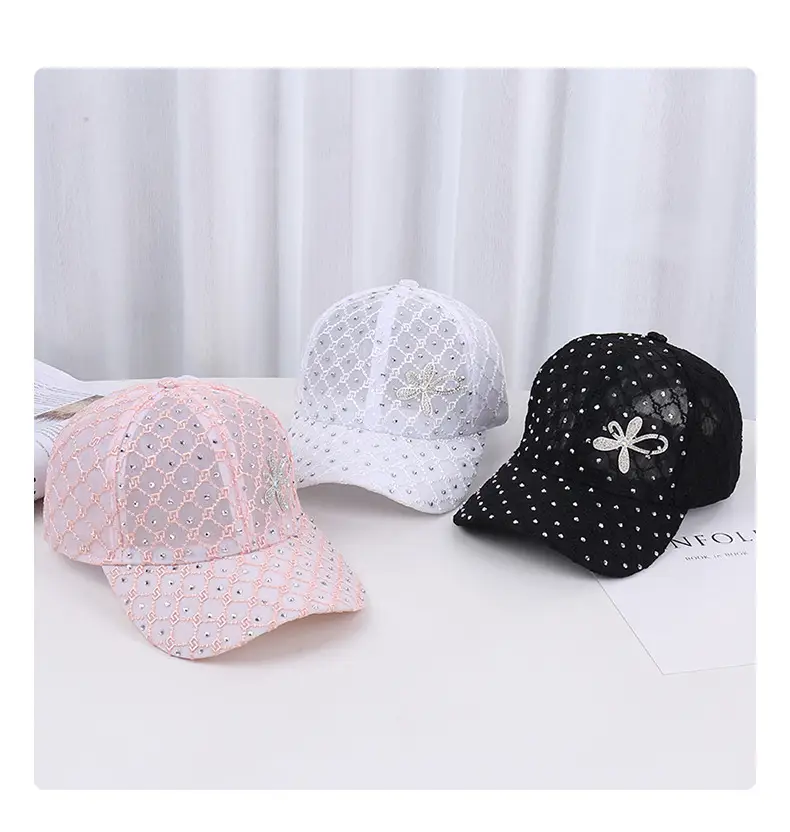 Women's Pink, White & Black Mesh Baseball Caps with Rhinestone Flower — feature 21
