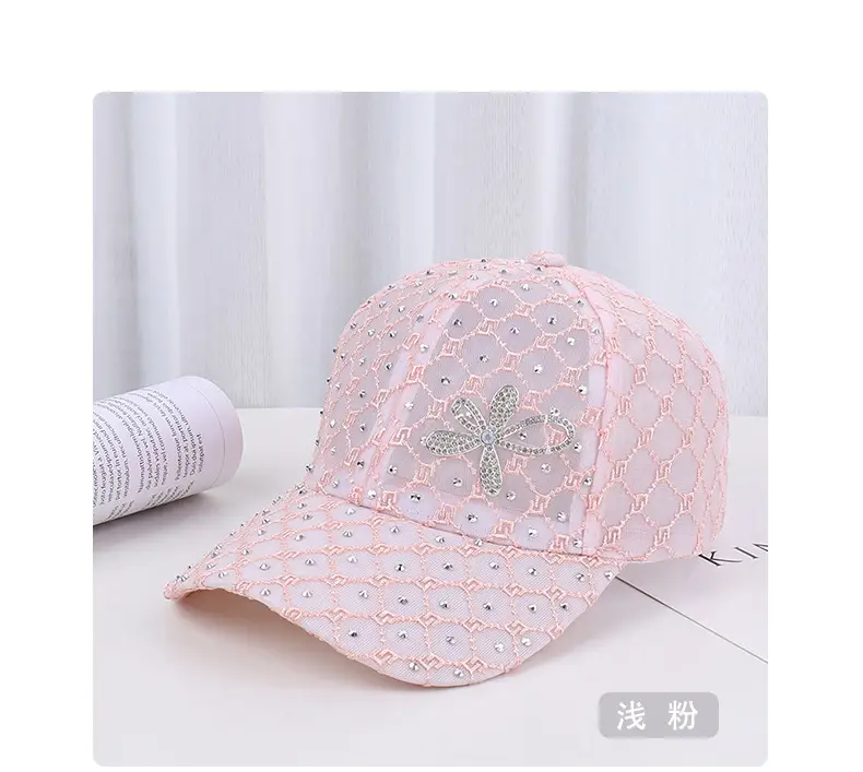 Women's Pink, White & Black Mesh Baseball Caps with Rhinestone Flower — feature 22