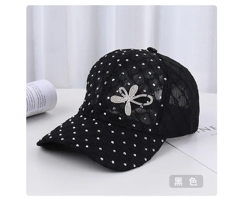 Women's Pink, White & Black Mesh Baseball Caps with Rhinestone Flower — feature 23