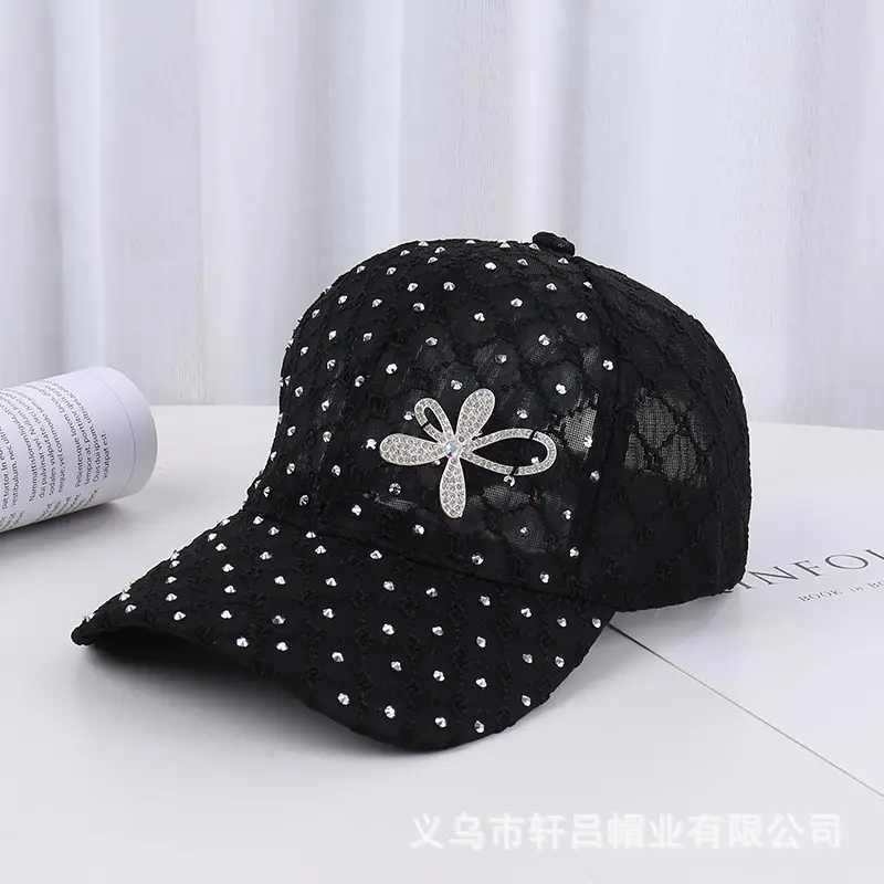 Women's Pink, White & Black Mesh Baseball Caps with Rhinestone Flower - Image 2