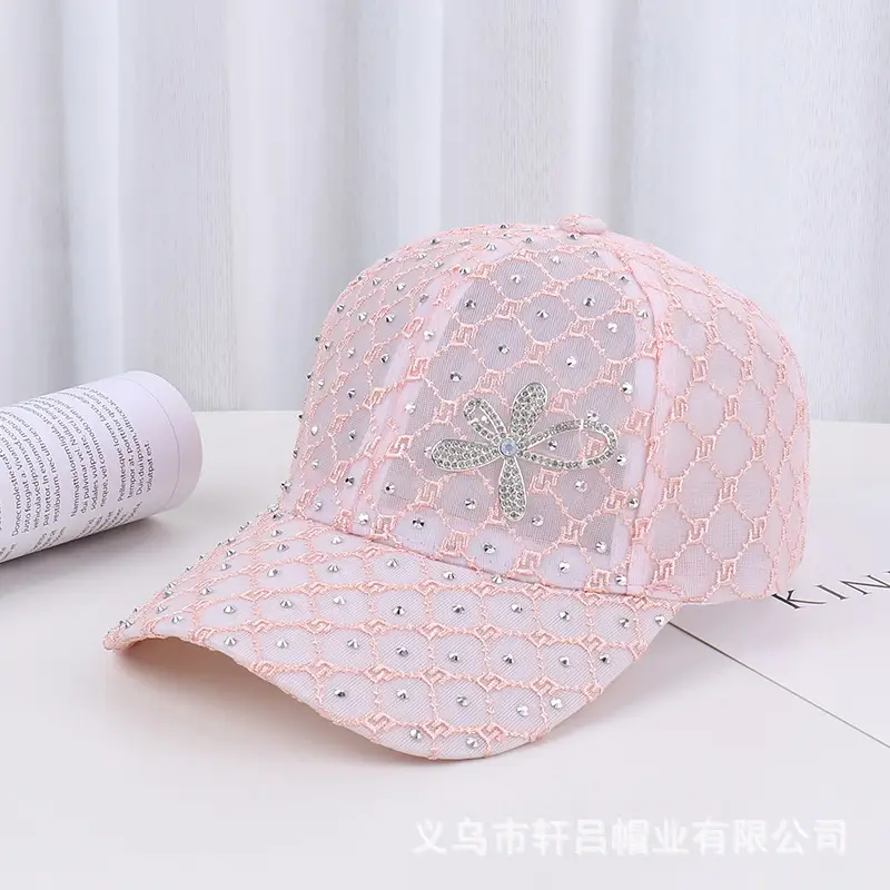 Women's Pink, White & Black Mesh Baseball Caps with Rhinestone Flower - Image 3