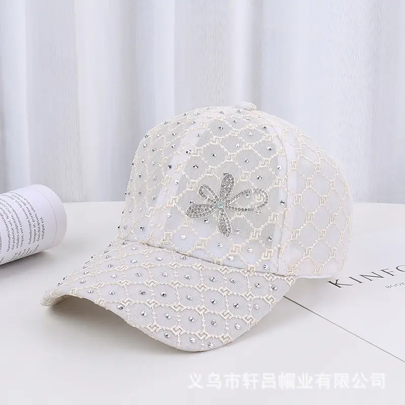 Women's Pink, White & Black Mesh Baseball Caps with Rhinestone Flower - Image 4