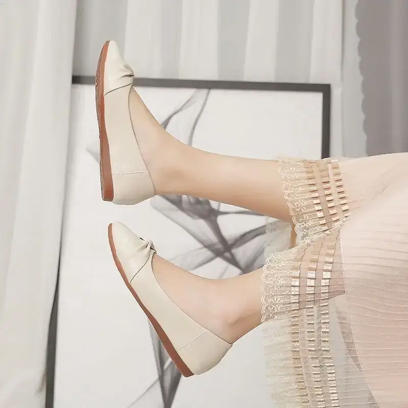 Women's White Bow Flat Shoes Soft Leather - Image 6
