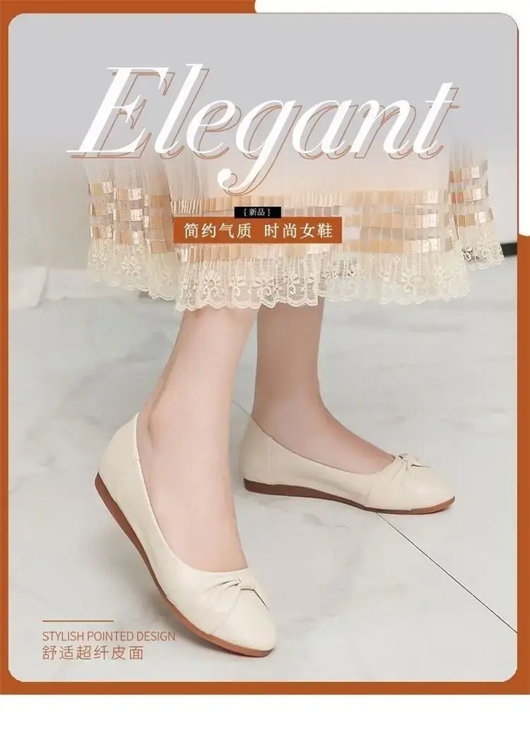 Women's White Bow Flat Shoes Soft Leather — feature 1