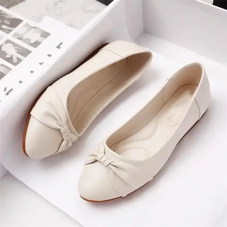 Women's White Bow Flat Shoes Soft Leather — feature 7