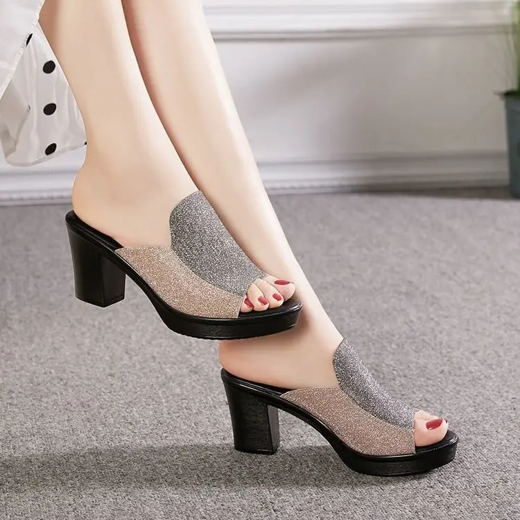 Thick-soled fish-mouth sandals with thick heels for women in 2024 summer new high heels for middle-aged mother sandals - Image 4