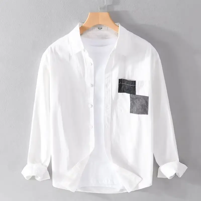 Men's Light Gray Button Shirt with Patch Pocket - Image 2