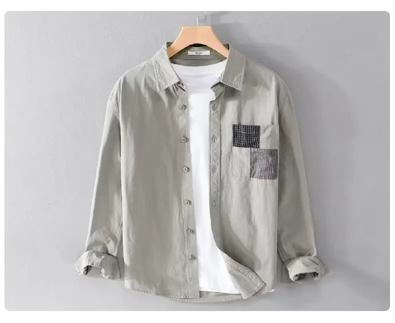 Men's Light Gray Button Shirt with Patch Pocket — feature 5