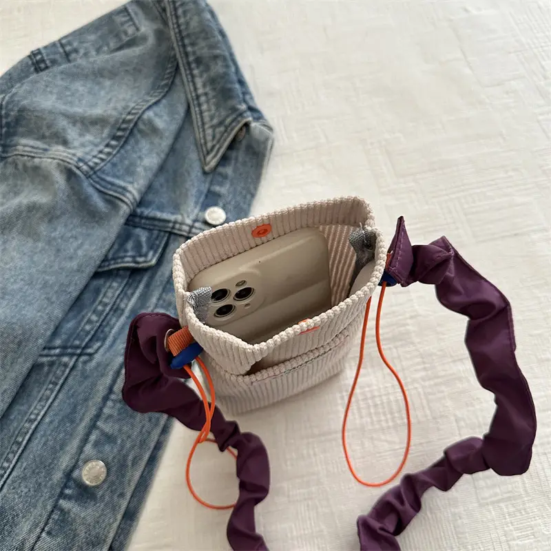 Mini Crossbody Phone Bag for Women Purple Corduroy Design - Image 8