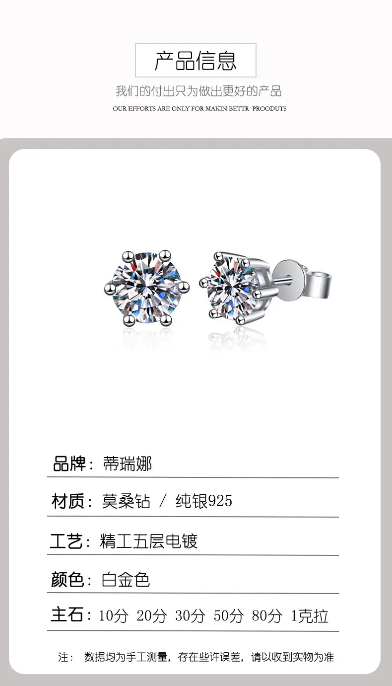 Moissanite Six Claw Earrings for Men Women Sterling Silver — feature 10
