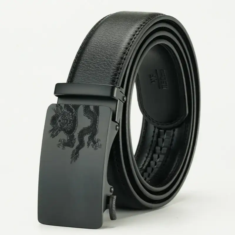 Men's Black Leather Belt with Dragon Embroidery - Image 2