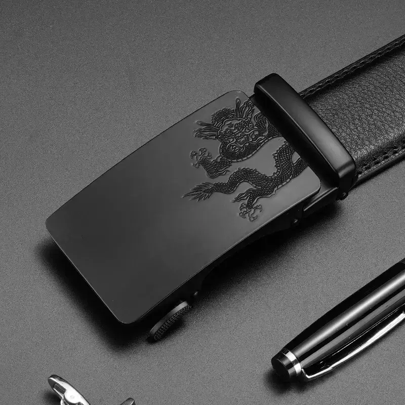 Men's Black Leather Belt with Dragon Embroidery - Image 3