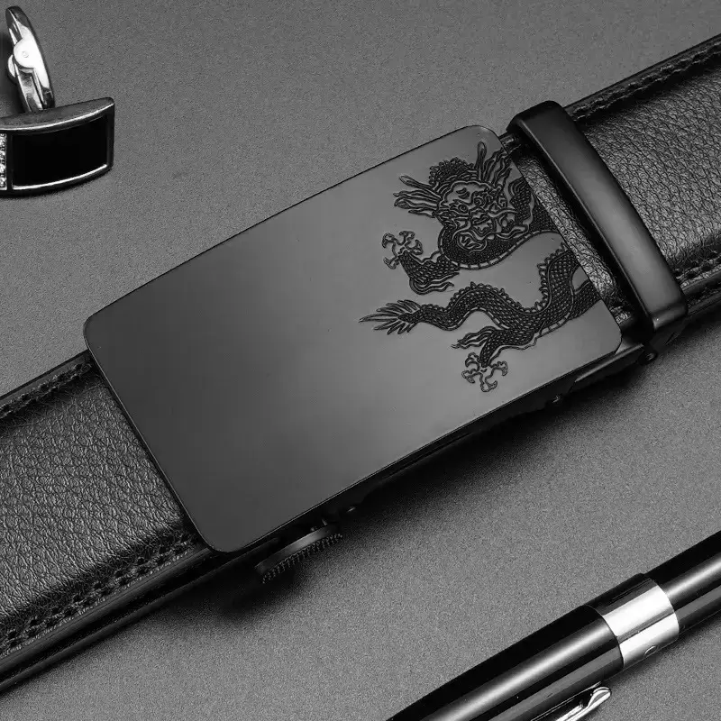 Men's Black Leather Belt with Dragon Embroidery - Image 4