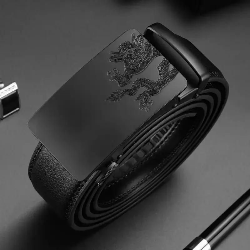 Men's Black Leather Belt with Dragon Embroidery - Image 5