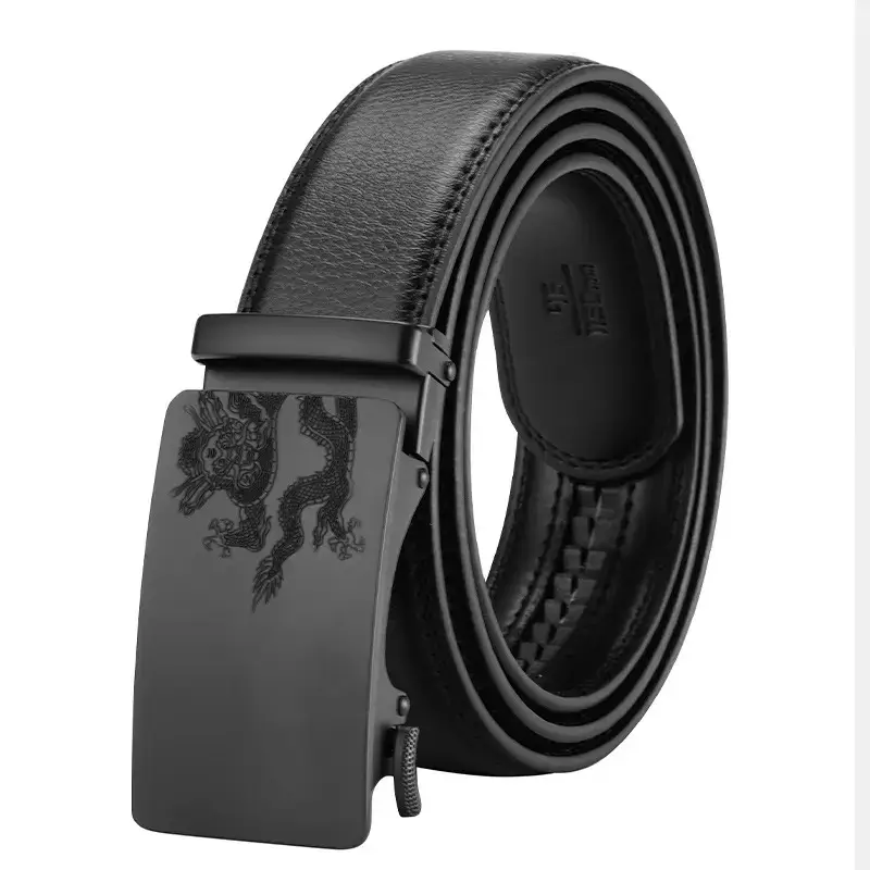 Men's Black Leather Belt with Dragon Embroidery - Image 6
