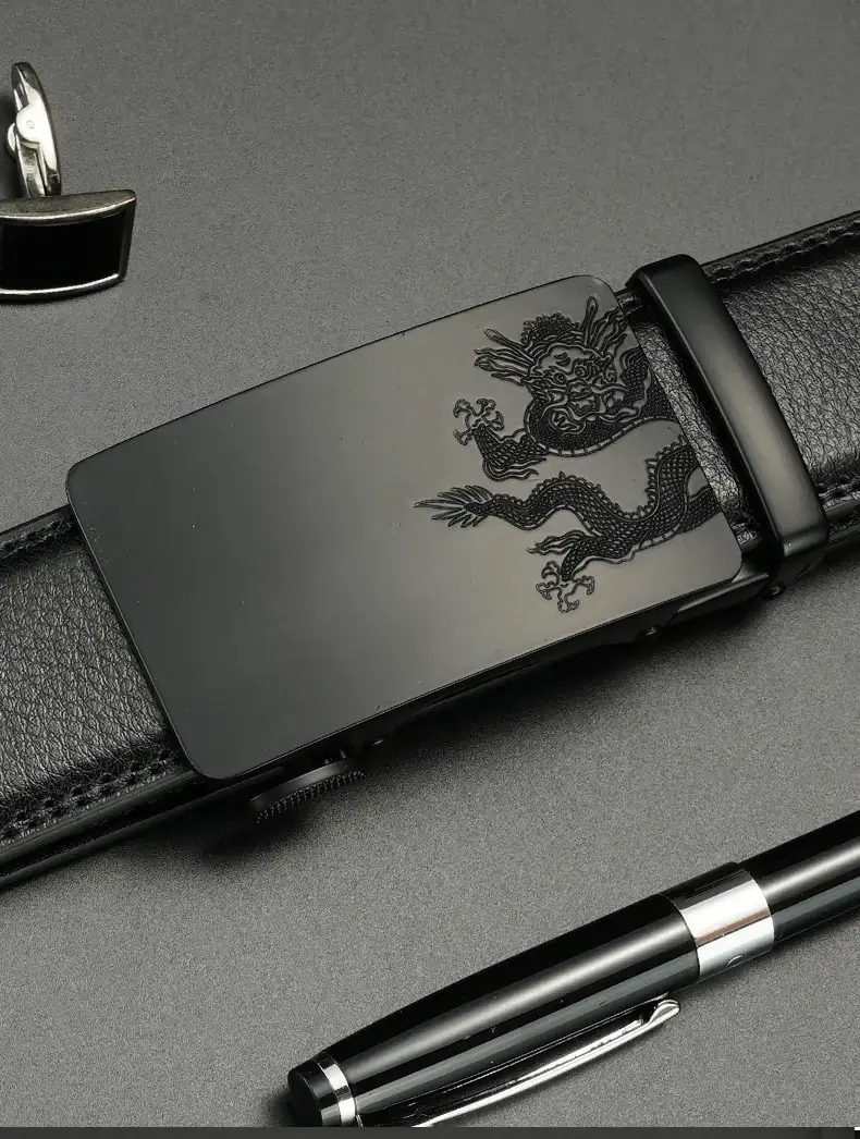 Men's Black Leather Belt with Dragon Embroidery — feature 10