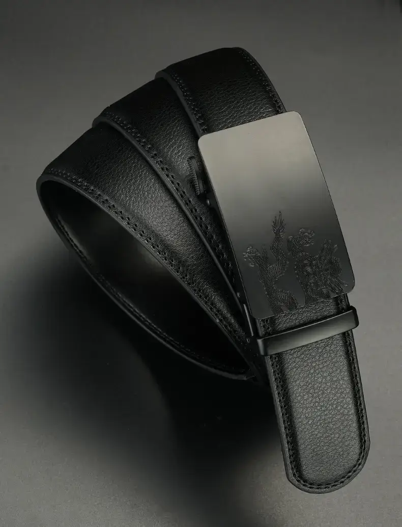 Men's Black Leather Belt with Dragon Embroidery — feature 11