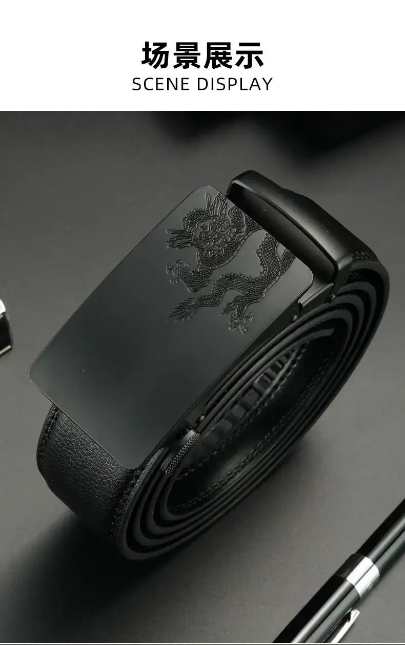 Men's Black Leather Belt with Dragon Embroidery — feature 9