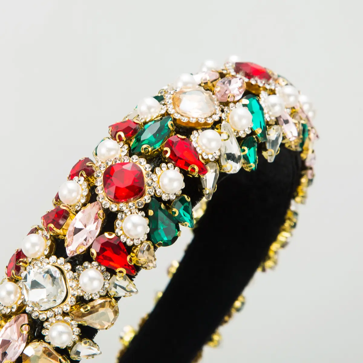European American Retro Velvet Hair Hoop with Diamond Pearl Wide Edge - Image 8