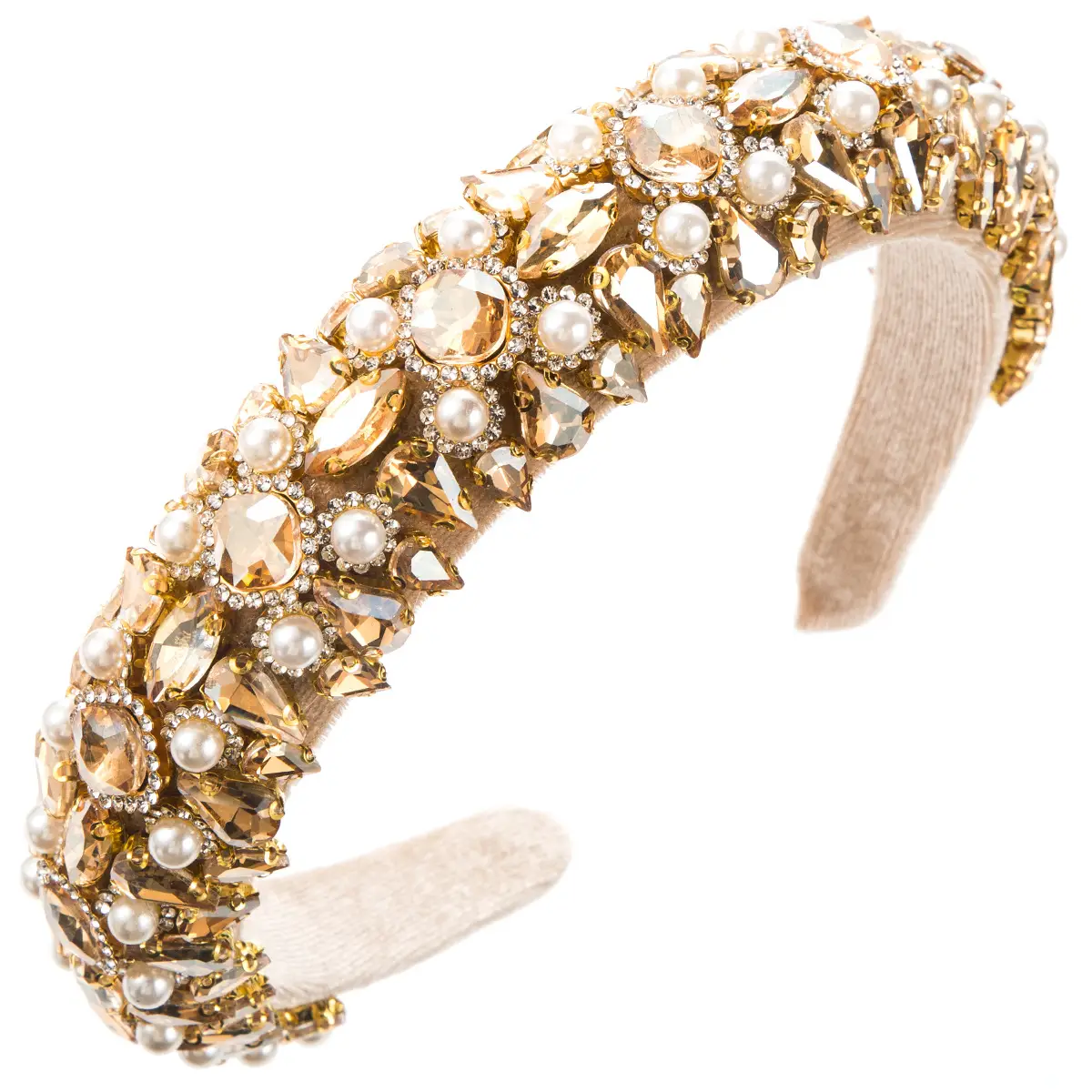 European American Retro Velvet Hair Hoop with Diamond Pearl Wide Edge - Image 3